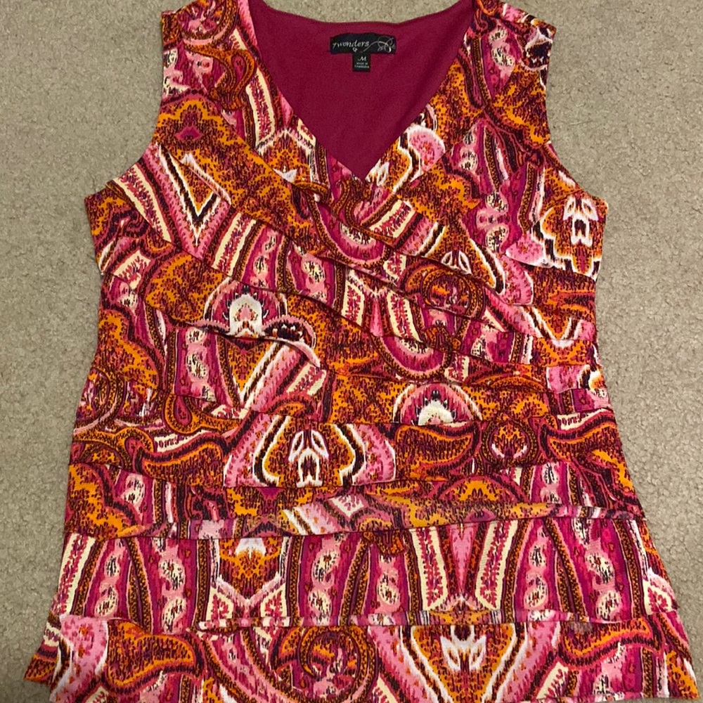 7 Wonders Ruffle V Neck Tank Size M Pink/Orange/Black
